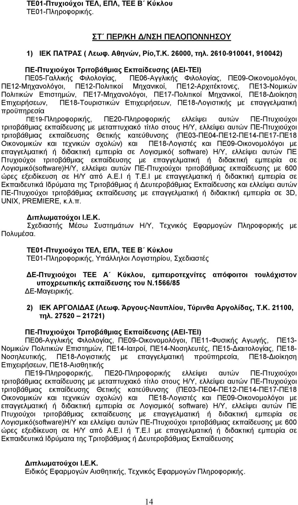 ΠΕ17-Μηχανολόγοι, ΠΕ17-Πολιτικοί Μηχανικοί, ΠΕ18-Διοίκηση Επιχειρήσεων, ΠΕ18-Τουριστικών Επιχειρήσεων, ΠΕ18-Λογιστικής με επαγγελματική προϋπηρεσία ΠΕ- 3D, UNIX, PREMIERE, κ.λ.π. Σχεδιαστής Μέσω Συστημάτων Η/Υ, Τεχνικός Εφαρμογών Πληροφορικής με Πολυμέσα.