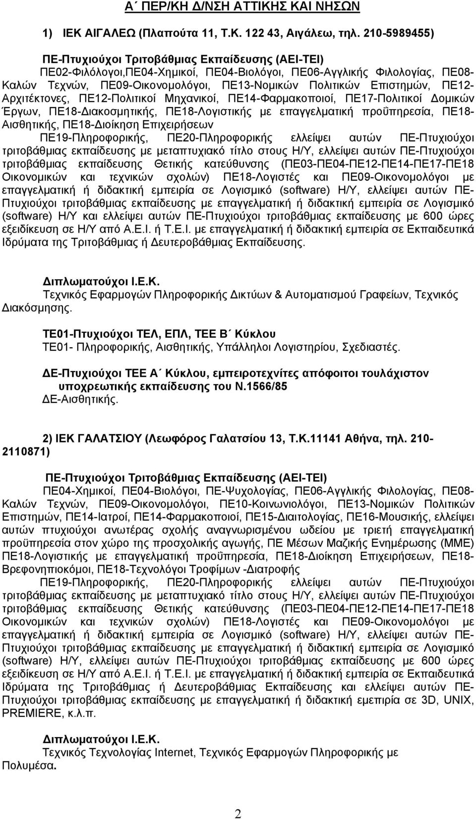 Μηχανικοί, ΠΕ14-Φαρμακοποιοί, ΠΕ17-Πολιτικοί Δομικών Έργων, ΠΕ18-Διακοσμητικής, ΠΕ18-Λογιστικής με επαγγελματική προΰπηρεσία, ΠΕ18- Αισθητικής, ΠΕ18-Διοίκηση Επιχειρήσεων Οικονομικών και τεχνικών