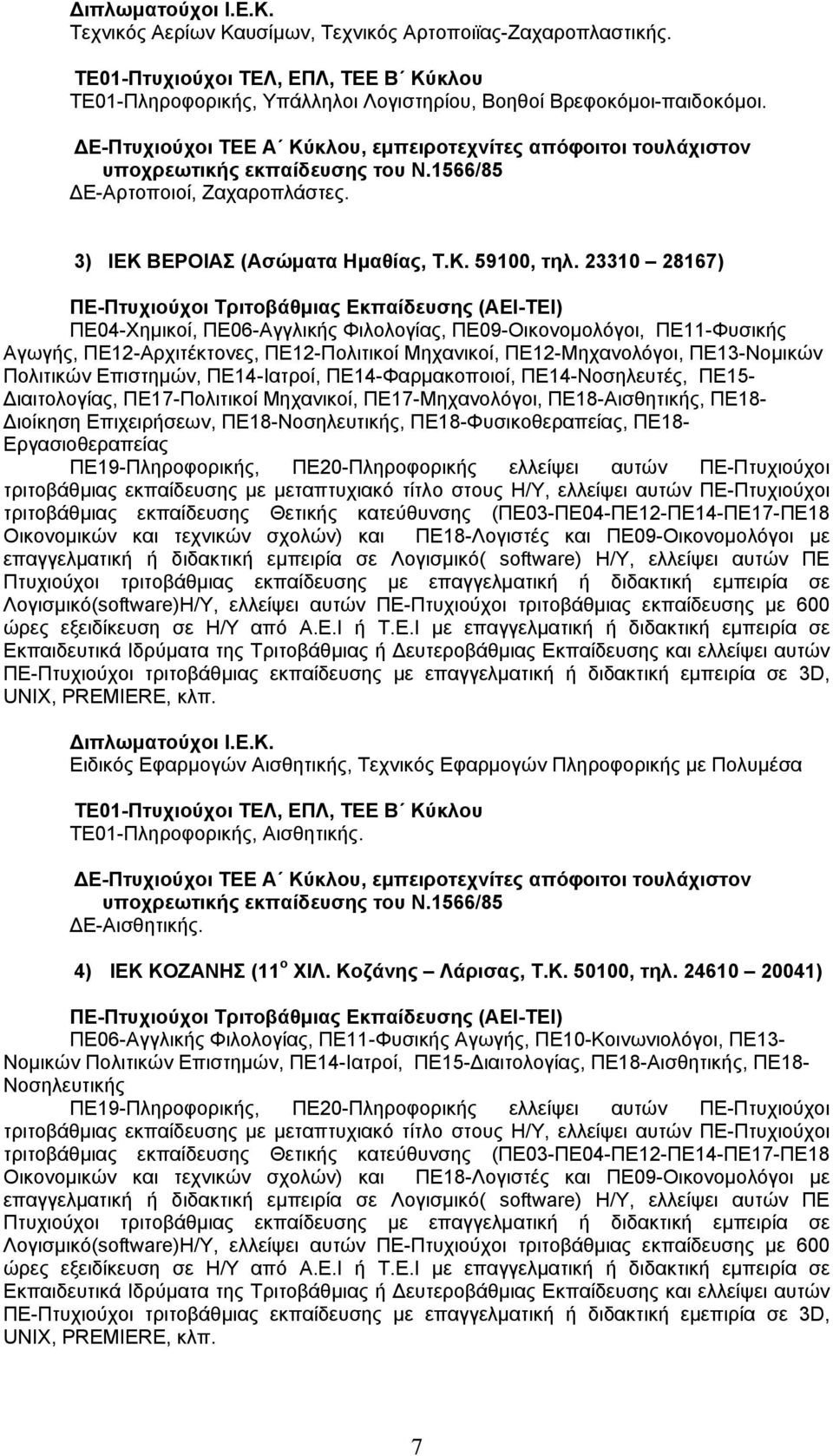 23310 28167) ΠΕ04-Χημικοί, ΠΕ06-Αγγλικής Φιλολογίας, ΠΕ09-Οικονομολόγοι, ΠΕ11-Φυσικής Αγωγής, ΠΕ12-Αρχιτέκτονες, ΠΕ12-Πολιτικοί Μηχανικοί, ΠΕ12-Μηχανολόγοι, ΠΕ13-Νομικών Πολιτικών Επιστημών,