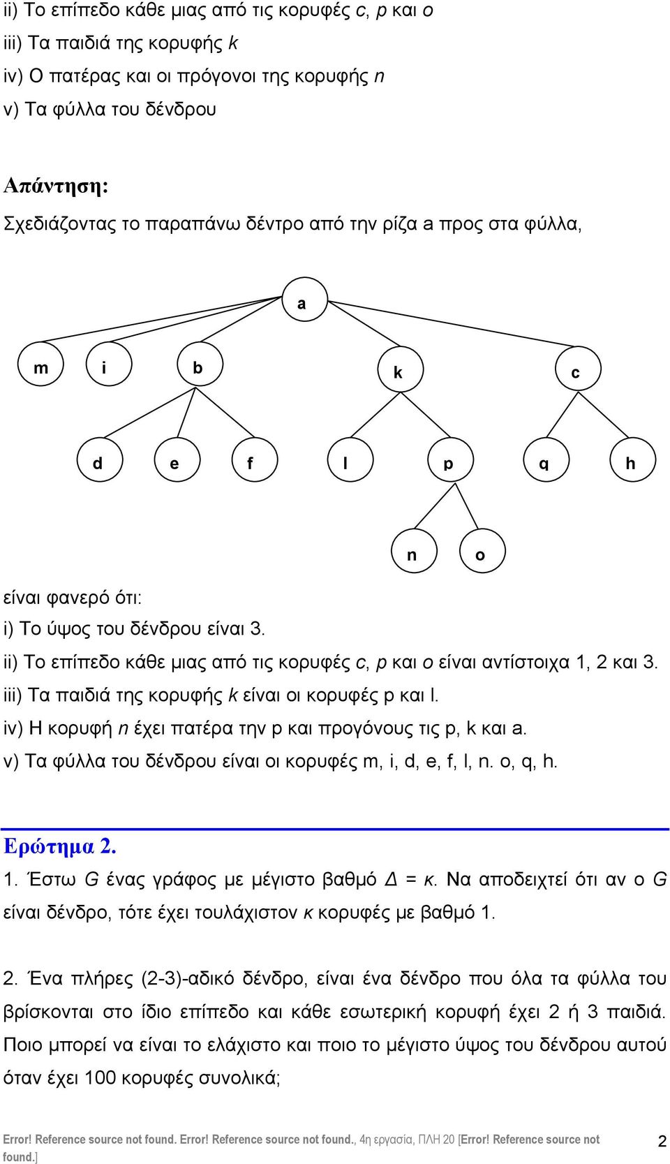 iv) Η κορυφή n έχει πτέρ την p κι προγόνους τις p, k κι a. v) Τ φύλλ του ένρου είνι οι κορυφές m, i, d, e, f, l, n. o, q, h. Ερώτηµ.. Έστω G ένς γράφος µε µέγιστο µό = κ.