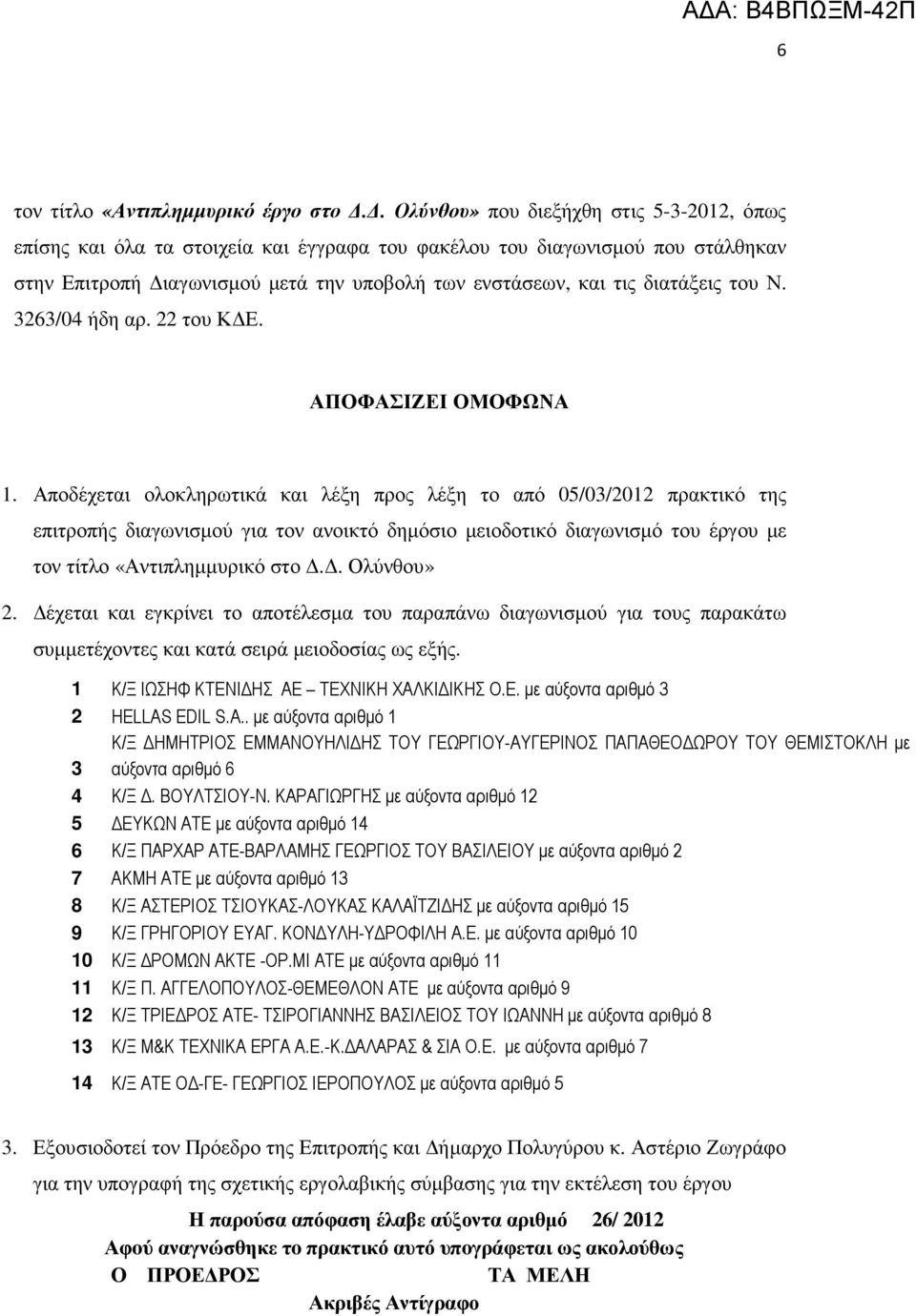 του Ν. 3263/04 ήδη αρ. 22 του Κ Ε. ΑΠΟΦΑΣΙΖΕΙ ΟΜΟΦΩΝΑ 1.