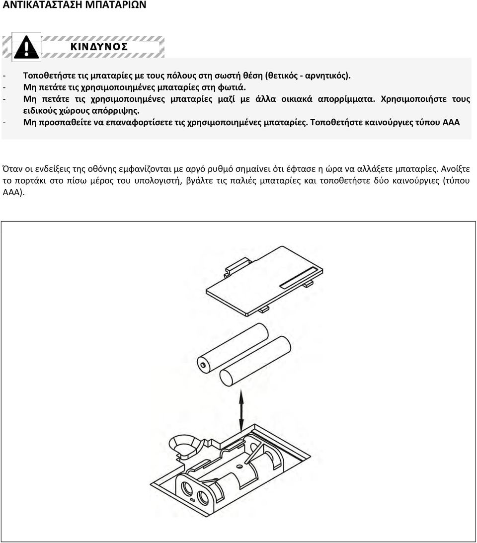 Χρησιμοποιήστε τους ειδικούς χώρους απόρριψης. Μη προσπαθείτε να επαναφορτίσετε τις χρησιμοποιημένες μπαταρίες.