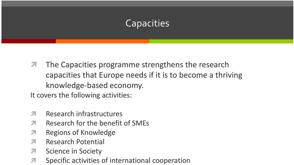 It covers the following activities: Research infrastructures Research for the benefit