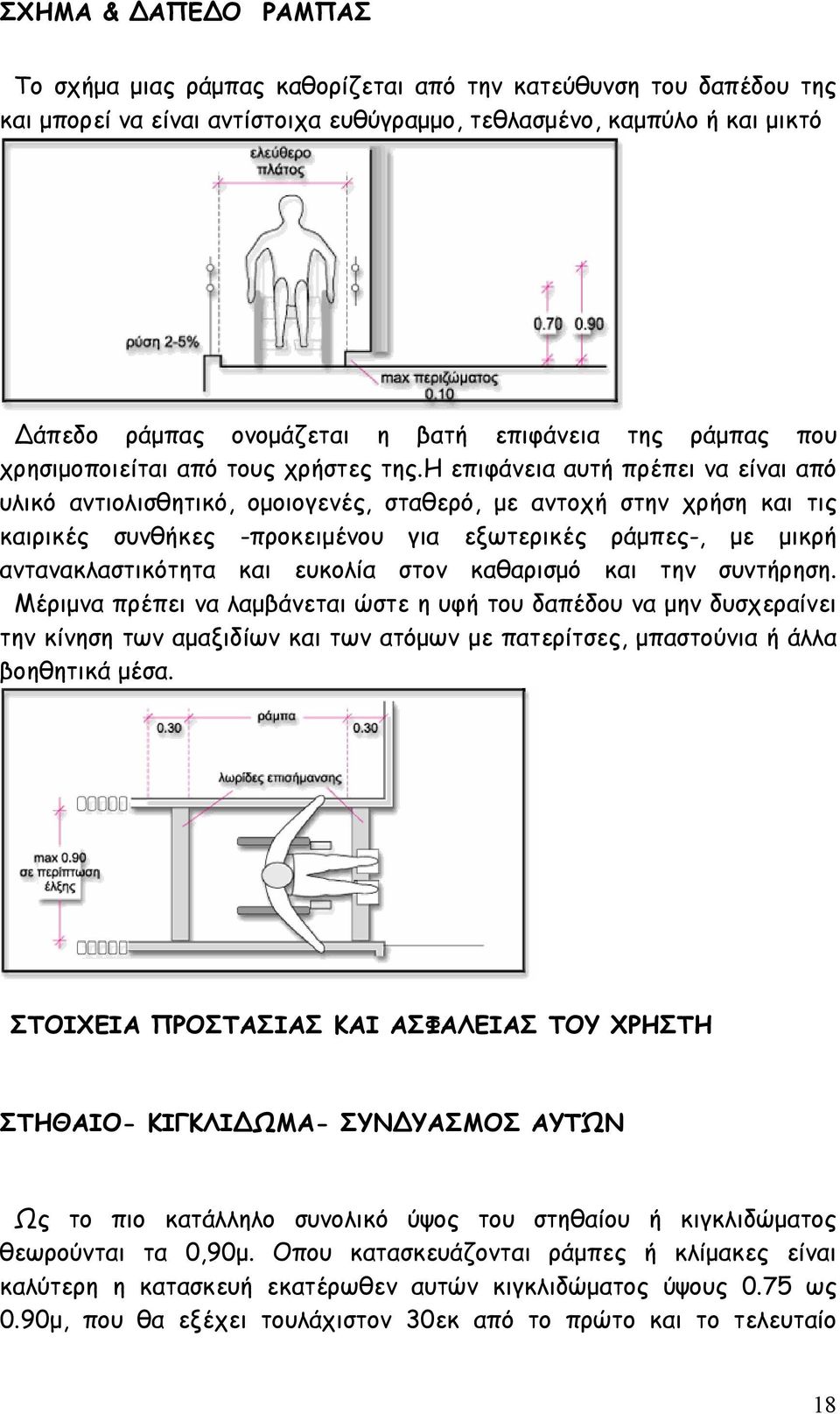 η επιφάνεια αυτή πρέπει να είναι από υλικό αντιολισθητικό, ομοιογενές, σταθερό, με αντοχή στην χρήση και τις καιρικές συνθήκες -προκειμένου για εξωτερικές ράμπες-, με μικρή αντανακλαστικότητα και