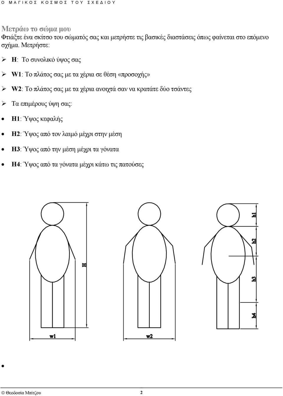 Μετρήστε: Η: Το συνολικό ύψος σας W1: Το πλάτος σας µε τα χέρια σε θέση «προσοχής» W2: Το πλάτος σας µε τα χέρια