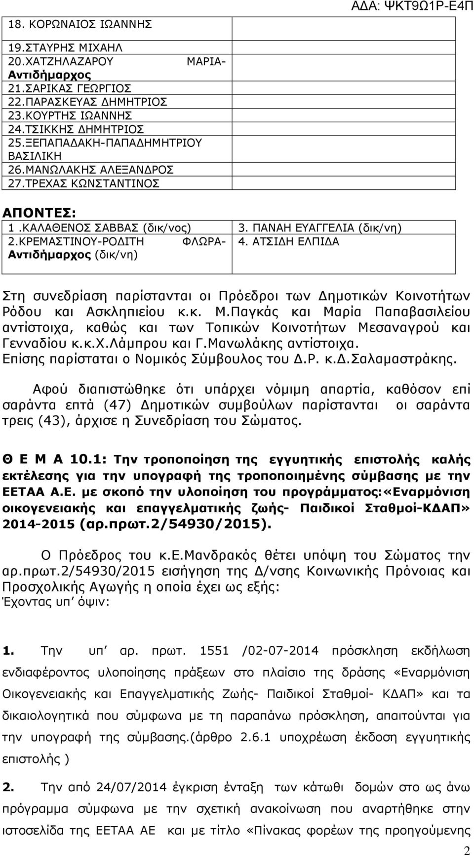 ΑΤΣΙ Η ΕΛΠΙ Α (δικ/νη) Στη συνεδρίαση παρίστανται οι Πρόεδροι των ηµοτικών Κοινοτήτων Ρόδου και Ασκληπιείου κ.κ. Μ.