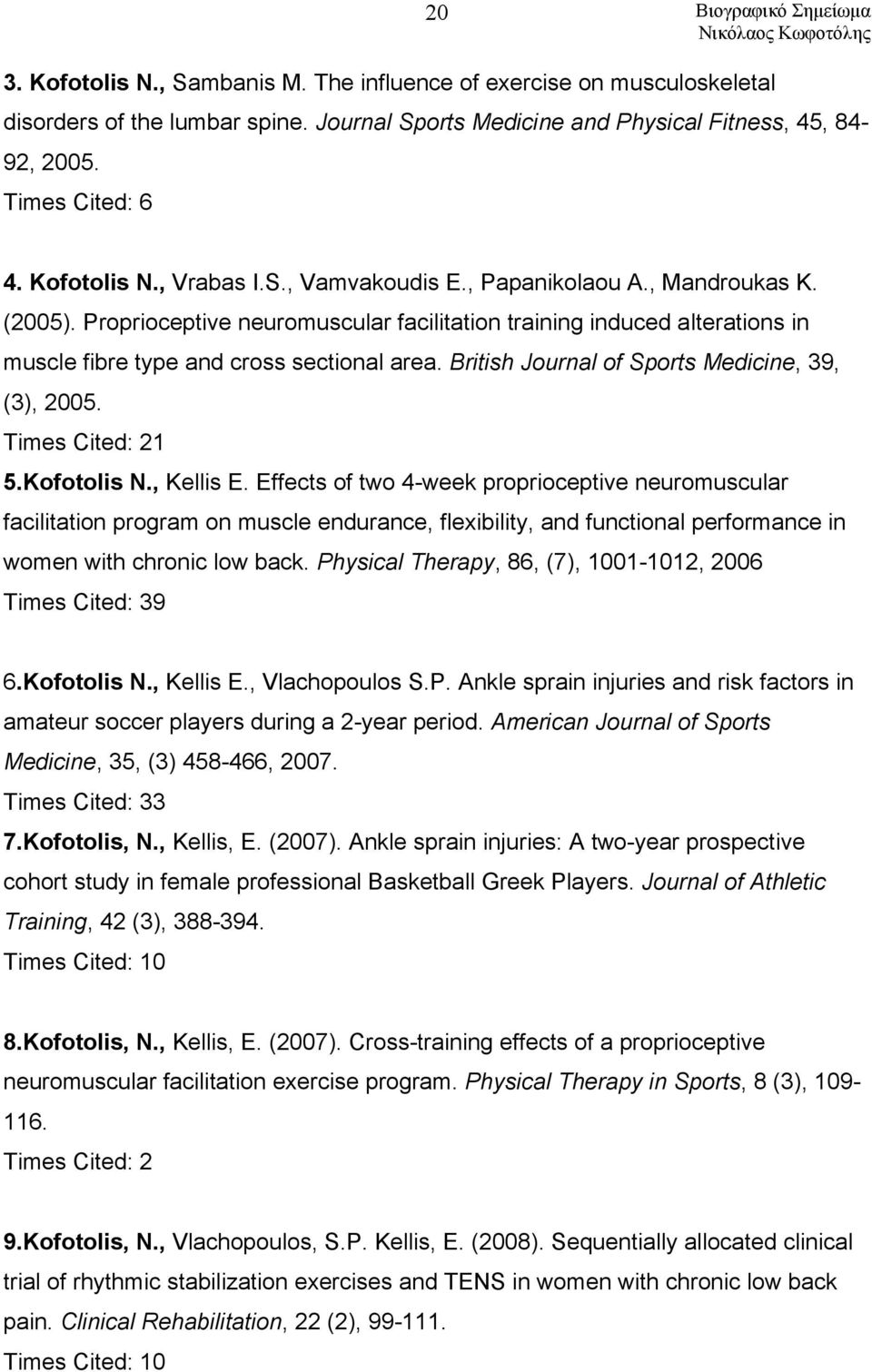 British Journal of Sports Medicine, 39, (3), 2005. Times Cited: 21 5.Kofotolis N., Kellis E.
