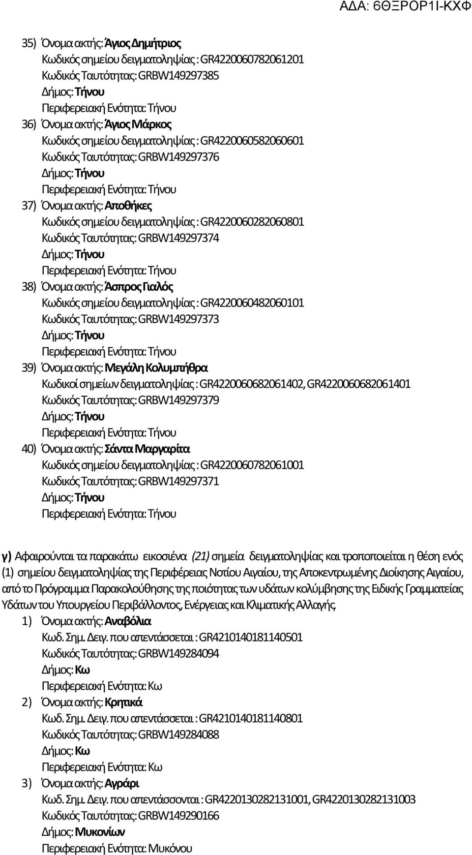 Κωδικός σημείου δειγματοληψίας : GR4220060482060101 Κωδικός Ταυτότητας: GRBW149297373 39) Όνομα ακτής: Μεγάλη Κολυμπήθρα Κωδικοί σημείων δειγματοληψίας : GR4220060682061402, GR4220060682061401