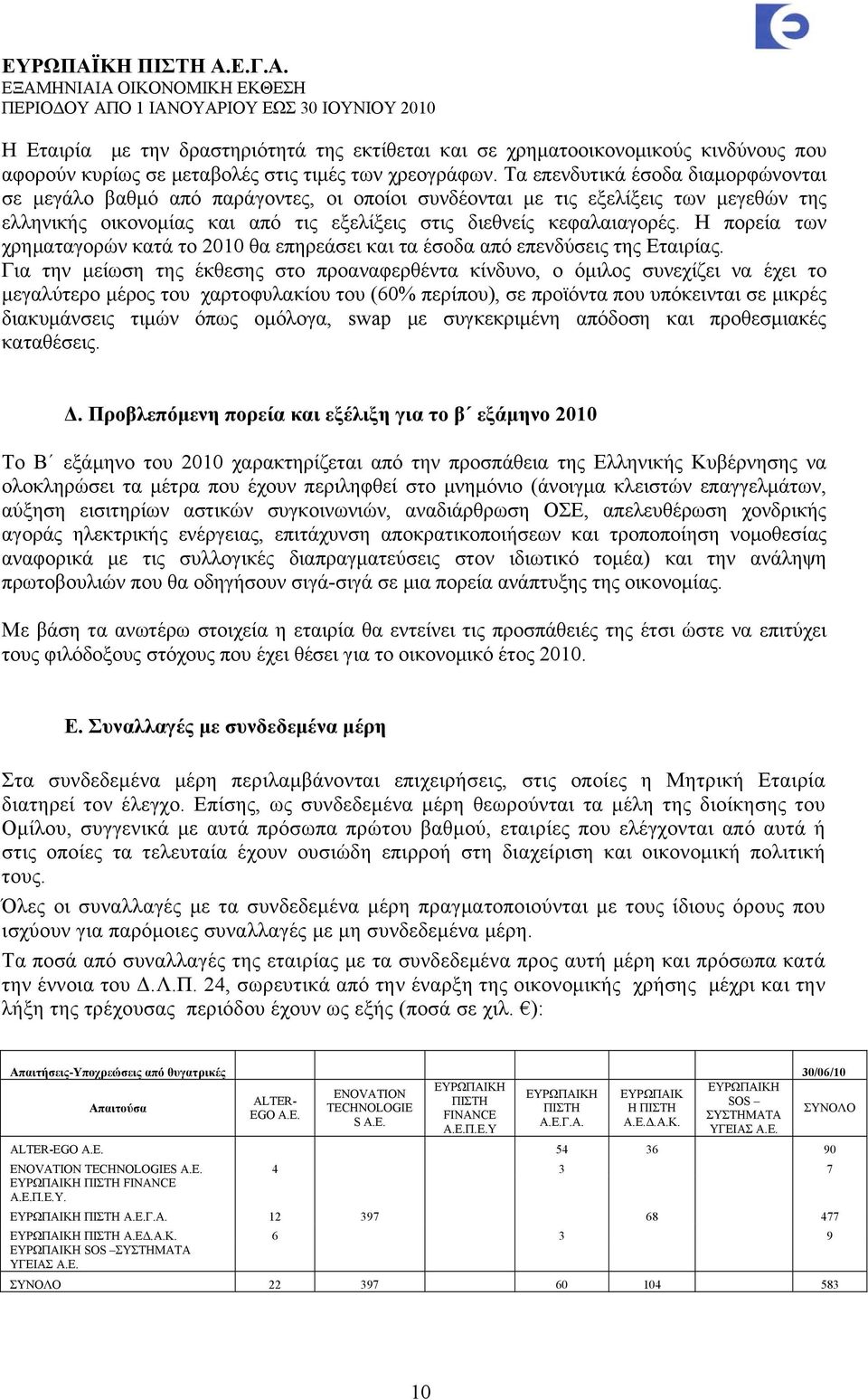 Η πορεία των χρηματαγορών κατά το 2010 θα επηρεάσει και τα έσοδα από επενδύσεις της Εταιρίας.