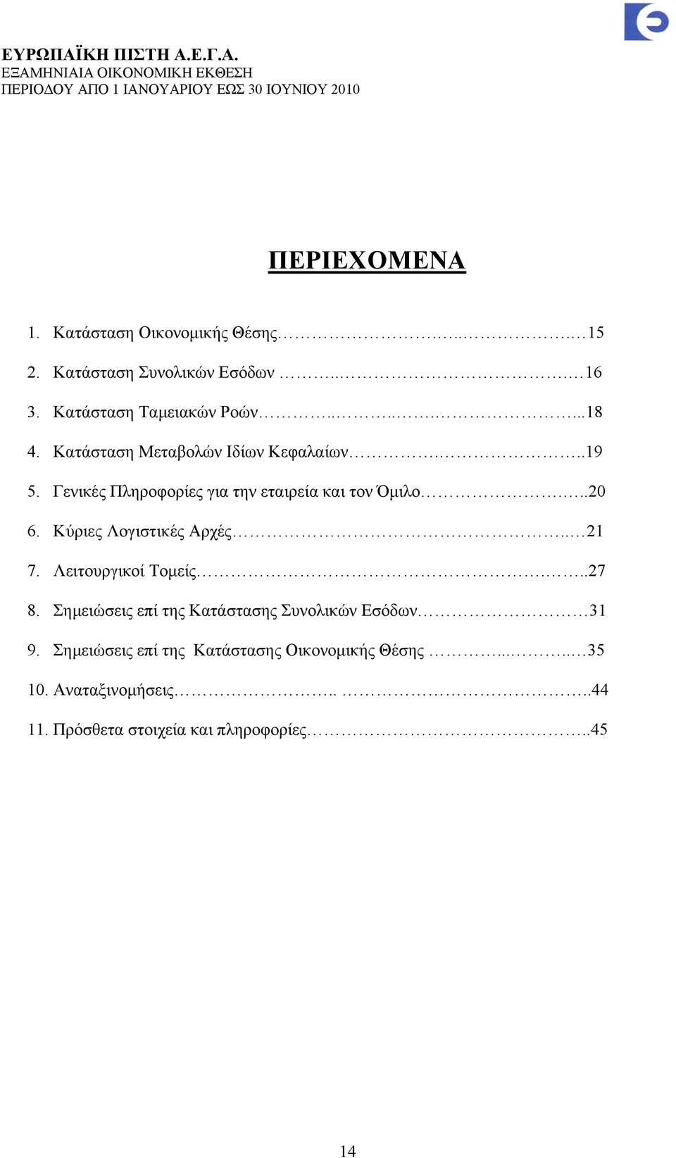 Κύριες Λογιστικές Αρχές.. 21 7. Λειτουργικοί Τομείς...27 8. Σημειώσεις επί της Κατάστασης Συνολικών Εσόδων 31 9.