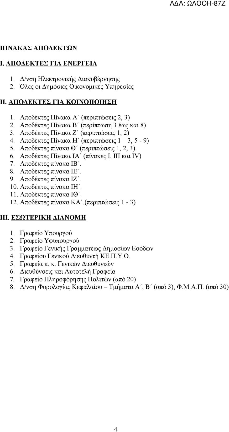 Αποδέκτες Πίνακα ΙΑ (πίνακες Ι, III και IV) 7. Αποδέκτες πίνακα ΙΒ. 8. Αποδέκτες πίνακα ΙΕ. 9. Αποδέκτες πίνακα ΙΖ. 10. Αποδέκτες πίνακα ΙΗ. 11. Αποδέκτες πίνακα ΙΘ. 12. Αποδέκτες πίνακα ΚΑ.