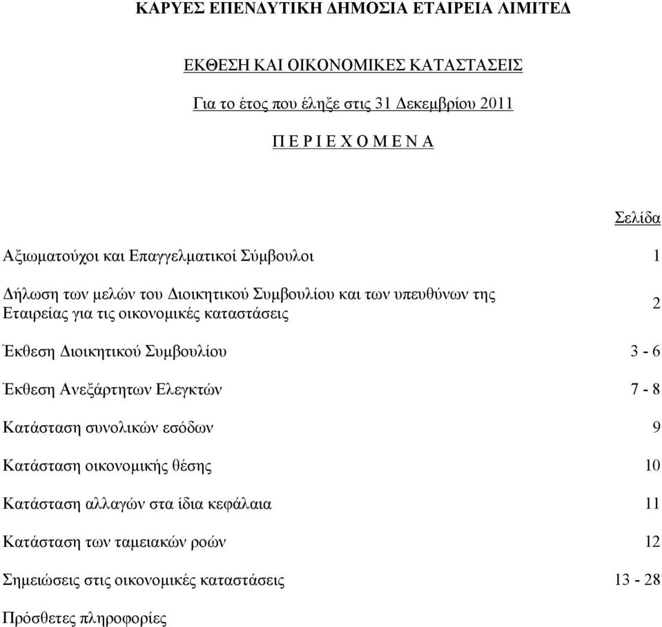 Συμβουλίου 3-6 Έκθεση Ανεξάρτητων Ελεγκτών 7-8 Κατάσταση συνολικών εσόδων 9 Κατάσταση οικονομικής θέσης 10 Κατάσταση