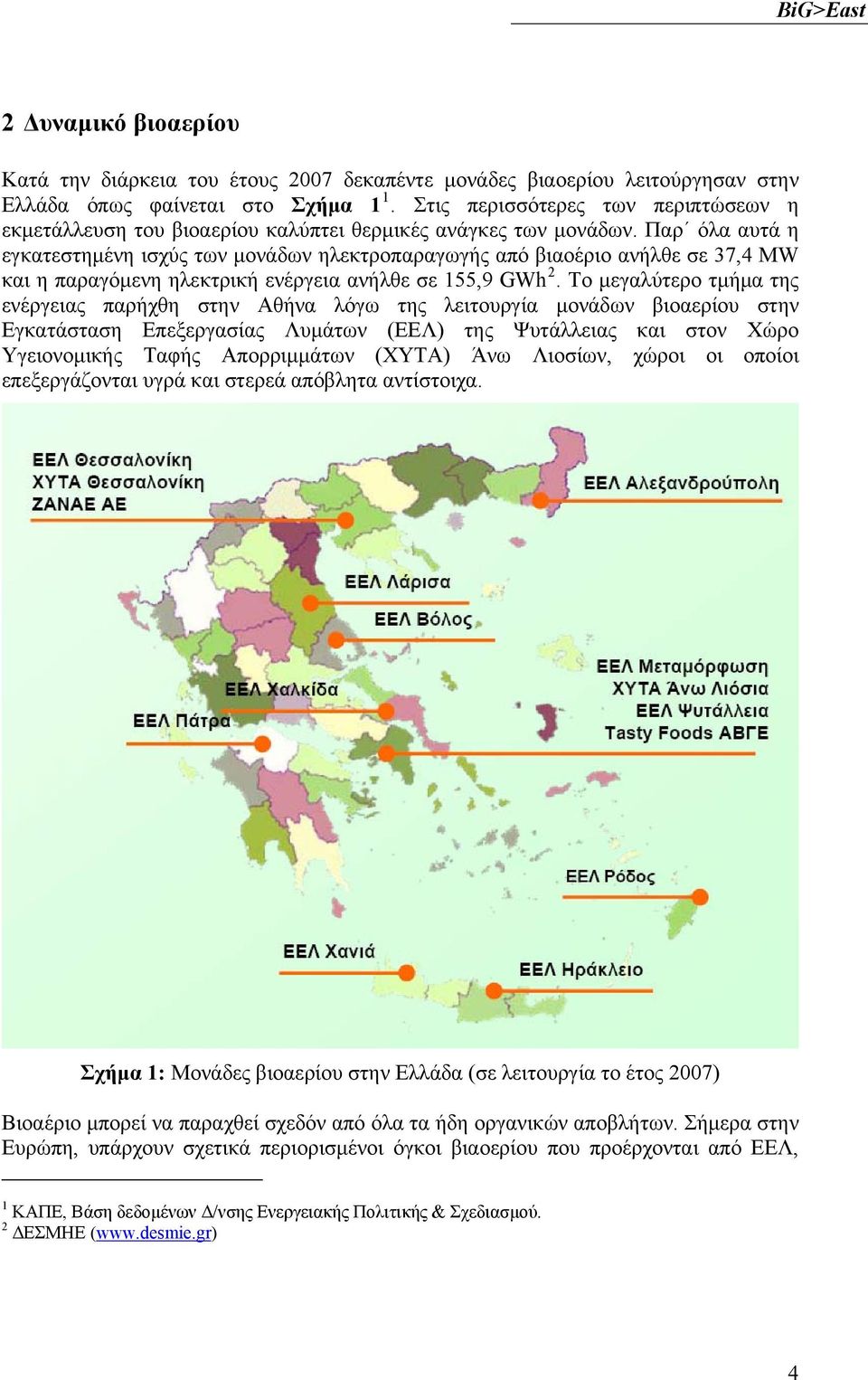 Παρ όλα αυτά η εγκατεστημένη ισχύς των μονάδων ηλεκτροπαραγωγής από βιαοέριο ανήλθε σε 37,4 MW και η παραγόμενη ηλεκτρική ενέργεια ανήλθε σε 155,9 GWh 2.