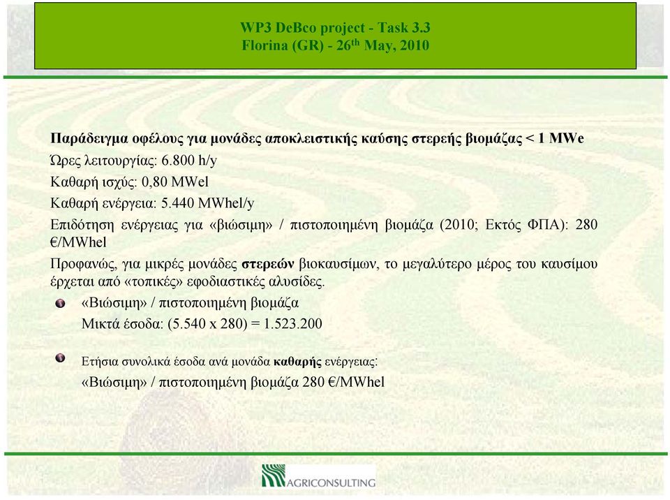 440 MWhel/y Επιδότηση ενέργειας για «βιώσιμη» / πιστοποιημένη βιομάζα (2010; Εκτός ΦΠΑ): 280 /MWhel Προφανώς, για μικρές μονάδες στερεών