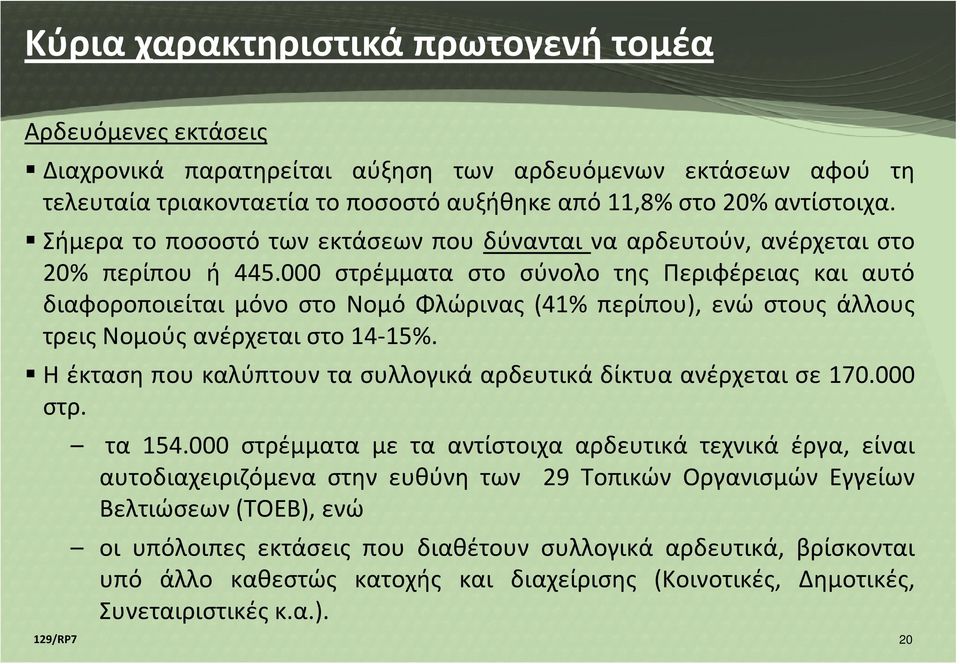 000 στρέμματα στο σύνολο της Περιφέρειας και αυτό διαφοροποιείται μόνο στο Νομό Φλώρινας (41% περίπου), ενώ στους άλλους τρεις Νομούς ανέρχεται στο 14-15%.
