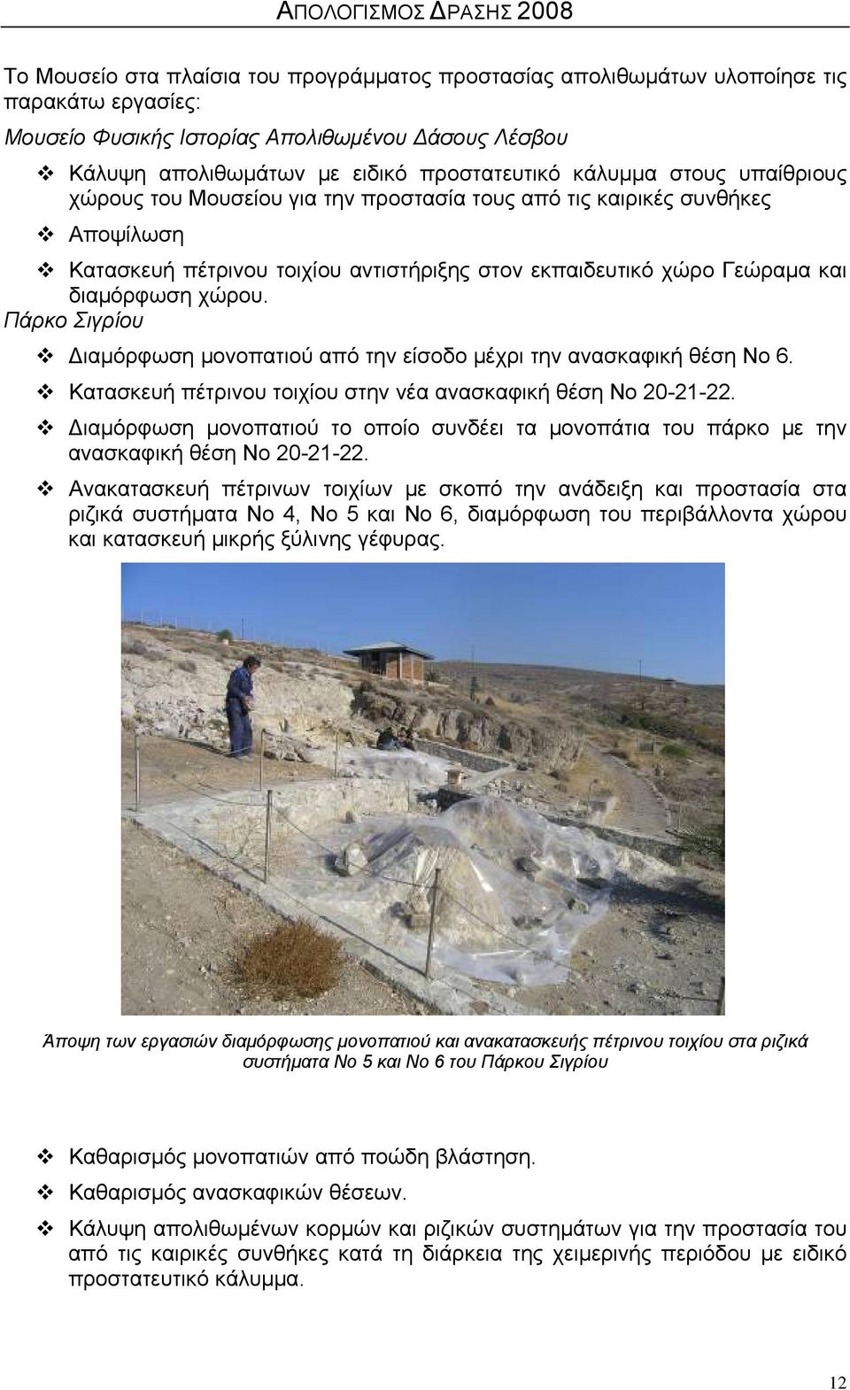Πάρκο Σιγρίου Διαμόρφωση μονοπατιού από την είσοδο μέχρι την ανασκαφική θέση Νο 6. Κατασκευή πέτρινου τοιχίου στην νέα ανασκαφική θέση Νο 20-21-22.