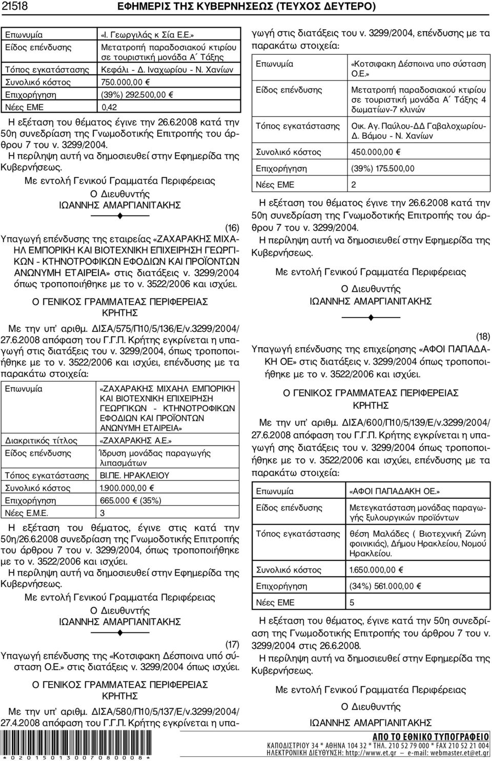 3299/2004. (16) Υπαγωγή επένδυσης της εταιρείας «ΖΑΧΑΡΑΚΗΣ ΜΙΧΑ ΗΛ ΕΜΠΟΡΙΚΗ ΚΑΙ ΒΙΟΤΕΧΝΙΚΗ ΕΠΙΧΕΙΡΗΣΗ ΓΕΩΡΓΙ ΚΩΝ ΚΤΗΝΟΤΡΟΦΙΚΩΝ ΕΦΟΔΙΩΝ ΚΑΙ ΠΡΟΪΟΝΤΩΝ ΑΝΩΝΥΜΗ ΕΤΑΙΡΕΙΑ» στις διατάξεις ν.