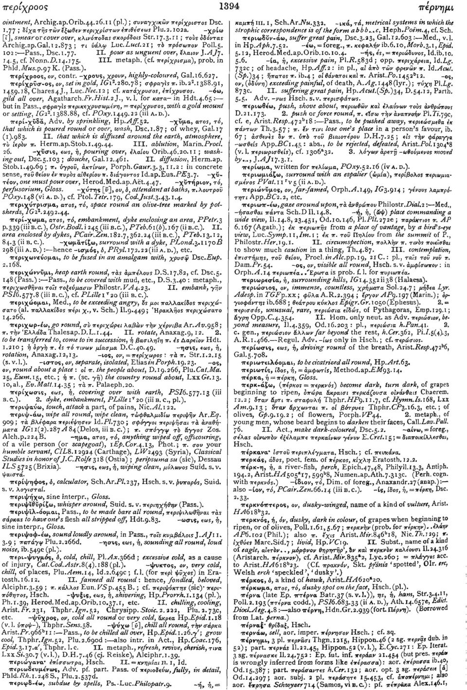 pour as unguent over, έλαιον ) AJj. 14.5, cf. N0nn-P.14.175. III. metaph. (cf. περίχρισμα), prob. in Phld.A/«s.p.97K. (Pass.). ιτερίχροοβ, ov, contr. -χρο-us, χρουν, highly-coloured, Gal.16.627.. ib.