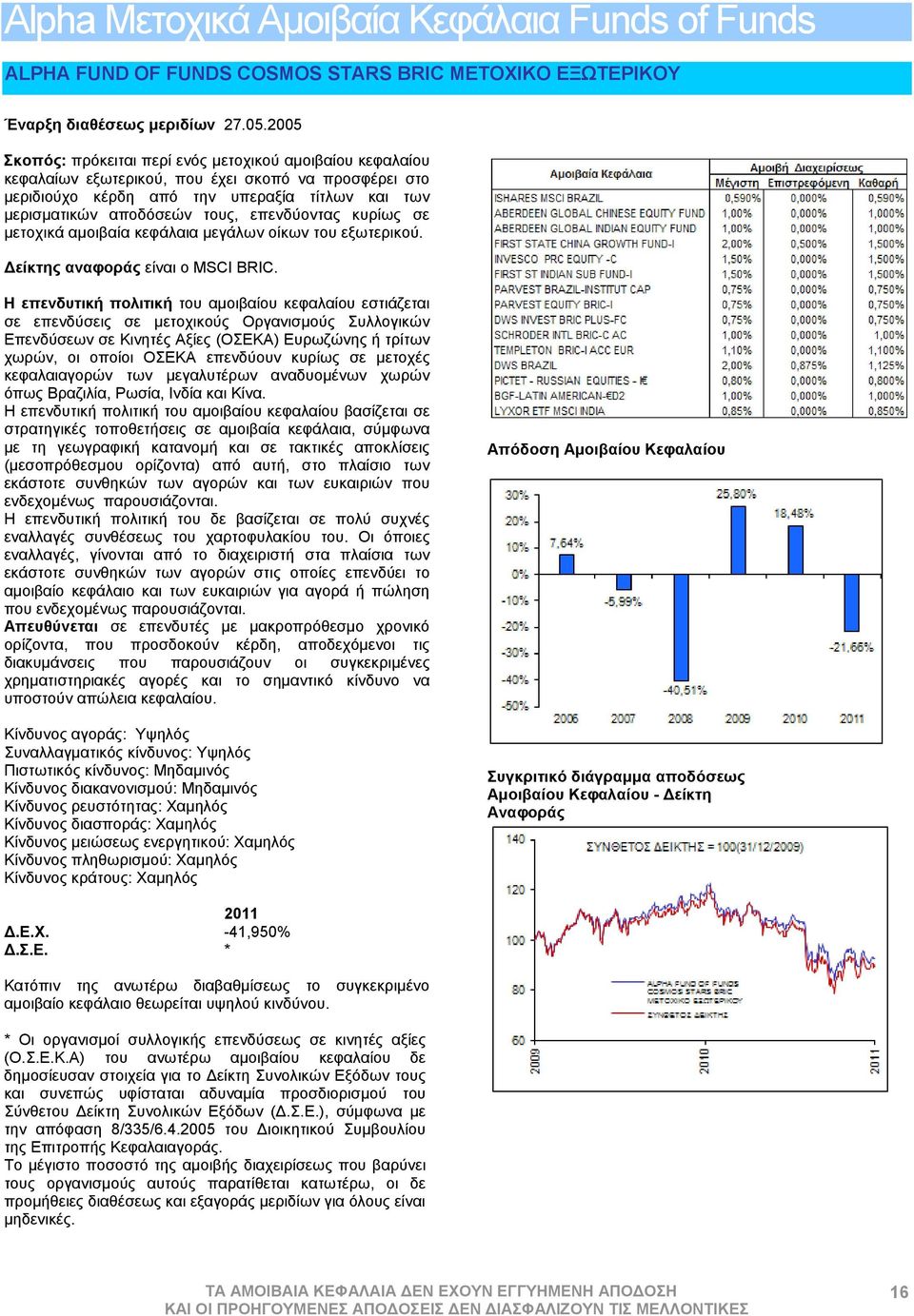 επενδύοντας κυρίως σε μετοχικά αμοιβαία κεφάλαια μεγάλων οίκων του εξωτερικού. Δείκτης αναφοράς είναι ο MSCI BRIC.