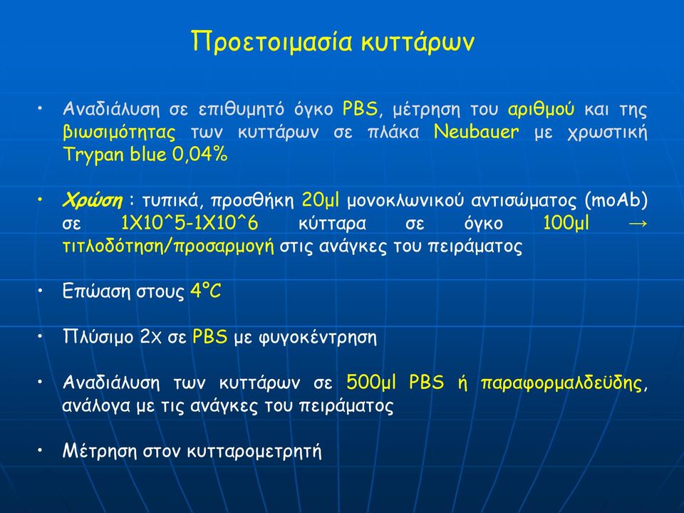 κύτταρα σε όγκο 100μl τιτλοδότηση/προσαρμογή στις ανάγκες του πειράματος Επώαση στους 4 C Πλύσιμο 2Χ σε PBS με