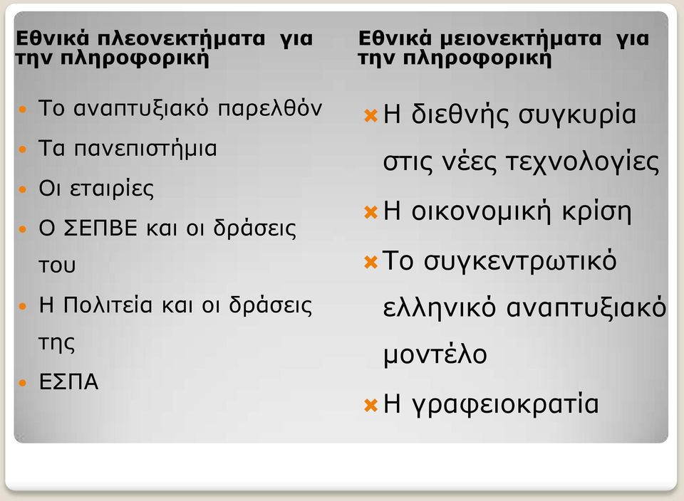 της ΕΣΠΑ Εθνικά μειονεκτήματα για την πληροφορική Η διεθνής συγκυρία στις νέες