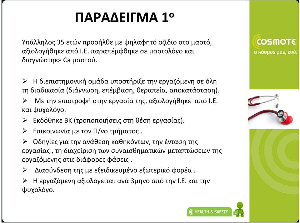 Με την επιστροφή στην εργασία της, αξιολογήθηκε από Ι.Ε. και ψυχολόγο. Εκδόθηκε ΒΚ (τροποποιήσεις στη θέση εργασίας). Επικοινωνία με τον Π/νο τμήματος.