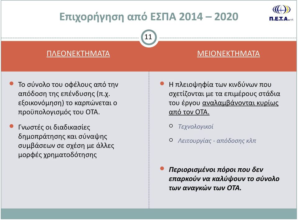 Γνωστές οι διαδικασίες δημοπράτησης και σύναψης συμβάσεων σε σχέση με άλλες μορφές χρηματοδότησης Τεχνολογικοί Λειτουργίας -