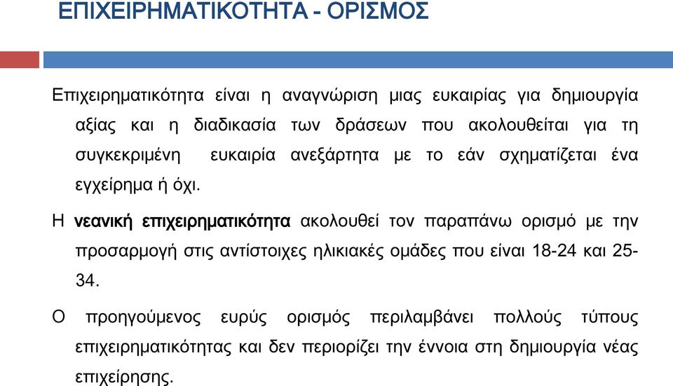 Η νεανική επιχειρηματικότητα ακολουθεί τον παραπάνω ορισμό με την προσαρμογή στις αντίστοιχες ηλικιακές ομάδες που είναι 18-24