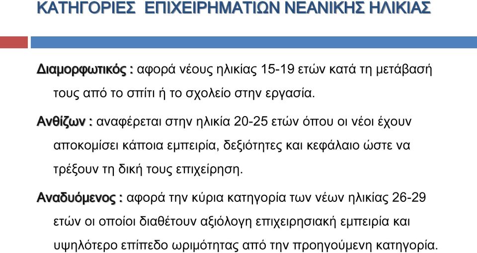 Ανθίζων : αναφέρεται στην ηλικία 20-25 ετών όπου οι νέοι έχουν αποκομίσει κάποια εμπειρία, δεξιότητες και κεφάλαιο ώστε να