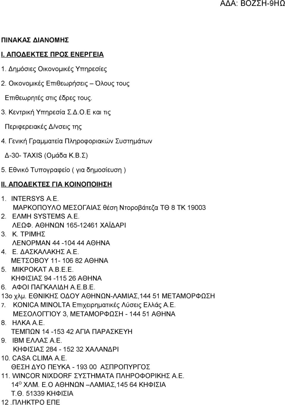 ΕΛΜΗ SYSTEMS Α.Ε. ΛΕΩΦ. ΑΘΗΝΩΝ 165-12461 ΧΑΪΔΑΡΙ 3. Κ. ΤΡΙΜΗΣ ΛΕΝΟΡΜΑΝ 44-104 44 ΑΘΗΝΑ 4. Ε. ΔΑΣΚΑΛΑΚΗΣ Α.Ε. ΜΕΤΣΟΒΟΥ 11-106 82 ΑΘΗΝΑ 5. ΜΙΚΡΟΚΑΤ Α.Β.Ε.Ε. ΚΗΦΙΣΙΑΣ 94-115 26 ΑΘΗΝΑ 6. ΑΦΟΙ ΠΑΓΚΑΛΙΔΗ Α.