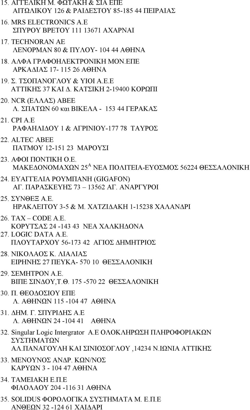 E ΡΑΦΑΗΛΙΔΟΥ 1 & ΑΓΡΙΝΙΟΥ-177 78 ΤΑΥΡΟΣ 22. ΑLTEC ABEE ΠΑΤΜΟΥ 12-151 23 ΜΑΡΟΥΣΙ 23. ΑΦΟΙ ΠΟΝΤΙΚΗ Ο.Ε. ΜΑΚΕΔΟΝΟΜΑΧΩΝ 25 Α ΝΕΑ ΠΟΛΙΤΕΙΑ-ΕΥΟΣΜΟΣ 56224 ΘΕΣΣΑΛΟΝΙΚΗ 24. ΕΥΑΓΓΕΛΙΑ ΡΟΥΜΠΑΝΗ (GIGAFON) ΑΓ.