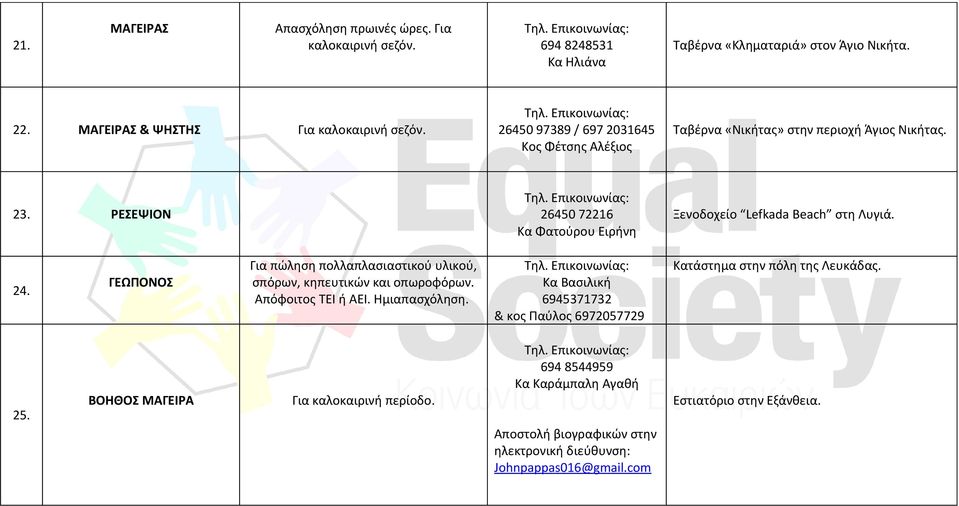 ΓΕΩΠΟΝΟΣ Για πώληση πολλαπλασιαστικού υλικού, σπόρων, κηπευτικών και οπωροφόρων. Απόφοιτος ΤΕΙ ή ΑΕΙ. Ημιαπασχόληση.