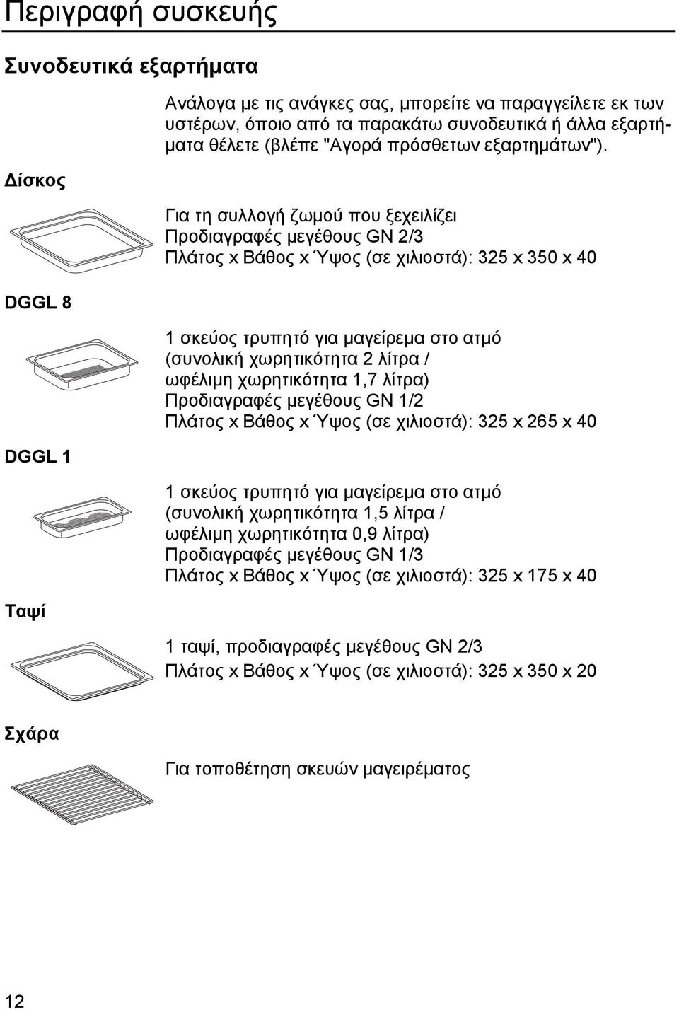 Για τη συλλογή ζωµού που ξεχειλίζει Προδιαγραφές µεγέθους GN 2/3 Πλάτος x Βάθος x Ύψος (σε χιλιοστά): 325 x 350 x 40 1 σκεύος τρυπητό για µαγείρεµα στο ατµό (συνολική χωρητικότητα 2 λίτρα / ωφέλιµη