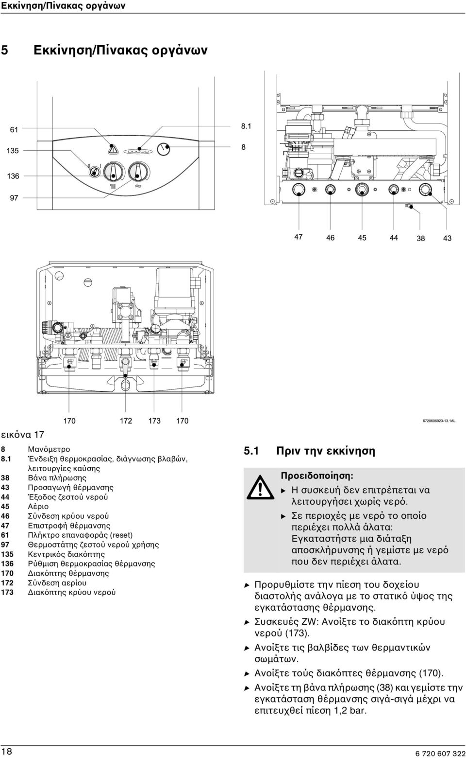επαναφοράς (reset) 97 Θερµοστάτης ζεστού νερού χρήσης 135 Κεντρικός διακόπτης 136 Ρύθµιση θερµοκρασίας θέρµανσης 170 ιακόπτης θέρµανσης 172 Σύνδεση αερίου 173 ιακόπτης κρύου νερού 5.
