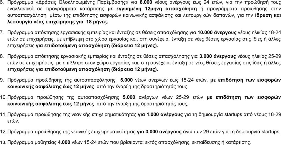 κοινωνικής ασφάλισης και λειτουργικών δαπανών, για την ίδρυση και λειτουργία νέας επιχείρησης για 18 μήνες. 7. Πρόγραμμα απόκτησης εργασιακής εμπειρίας και ένταξης σε θέσεις απασχόλησης για 10.