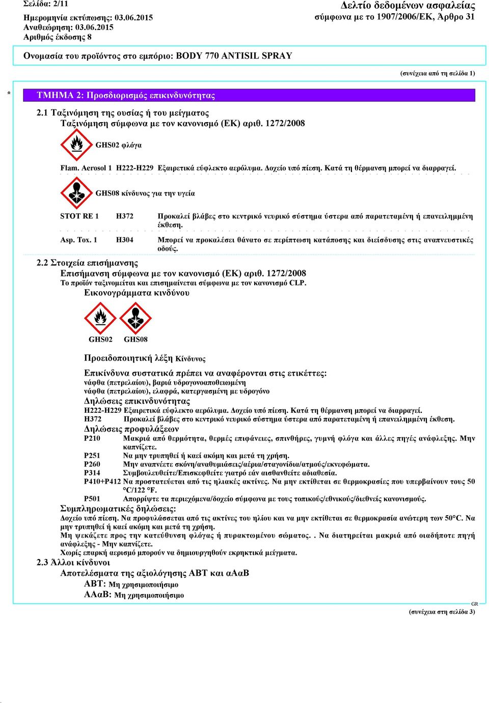 GHS08 κίνδυνος για την υγεία STOT RE 1 H372 Προκαλεί βλάβες στο κεντρικό νευρικό σύστημα ύστερα από παρατεταμένη ή επανειλημμένη έκθεση. Asp. Tox.