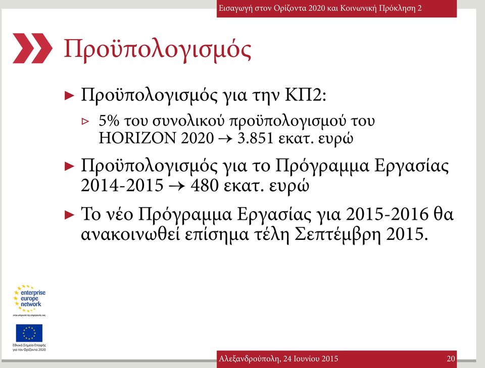 ευρώ Προϋπολογισμός για το Πρόγραμμα Εργασίας 2014-2015 480 εκατ.