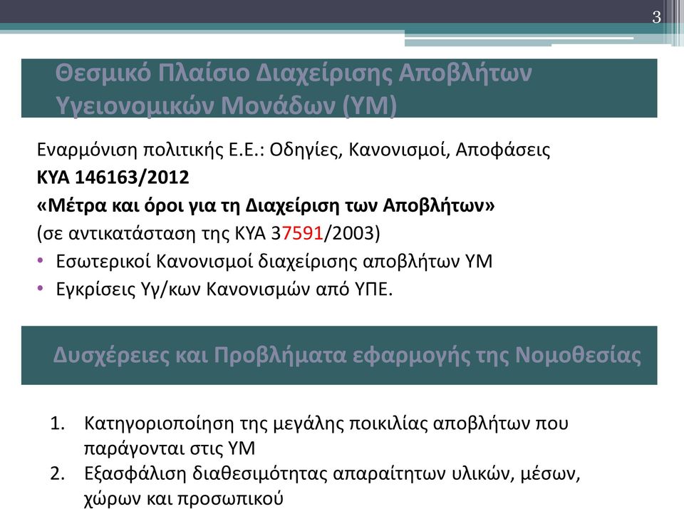 Ε.: Οδηγίες, Κανονισμοί, Αποφάσεις ΚΥΑ 146163/2012 «Μέτρα και όροι για τη Διαχείριση των Αποβλήτων» (σε αντικατάσταση της ΚΥΑ