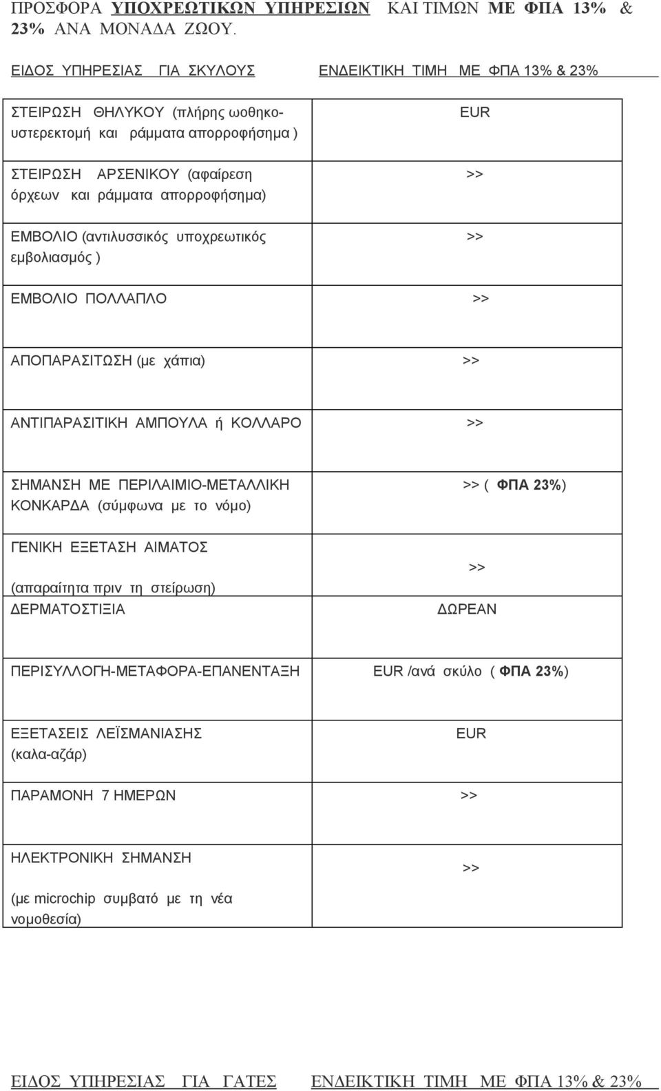 απορροφήσημα) ΕΜΒΟΛΙΟ (αντιλυσσικός υποχρεωτικός εμβολιασμός ) ΕΜΒΟΛΙΟ ΠΟΛΛΑΠΛΟ ΑΠΟΠΑΡΑΣΙΤΩΣΗ (με χάπια) ΑΝΤΙΠΑΡΑΣΙΤΙΚΗ ΑΜΠΟΥΛΑ ή ΚΟΛΛΑΡΟ ΣΗΜΑΝΣΗ ΜΕ ΠΕΡΙΛΑΙΜΙΟ-ΜΕΤΑΛΛΙΚΗ ΚΟΝΚΑΡΔΑ (σύμφωνα με το