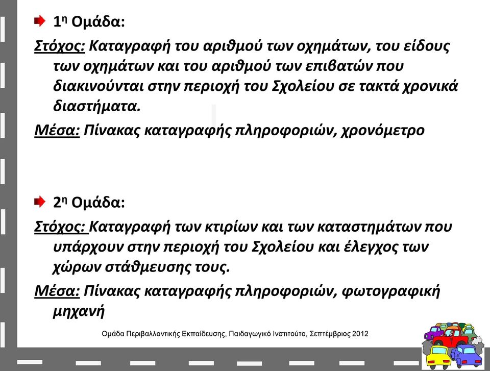 Μέσα: Πίνακας καταγραφής πληροφοριών, χρονόμετρο 2 η Ομάδα: Στόχος: Καταγραφή των κτιρίων και των καταστημάτων