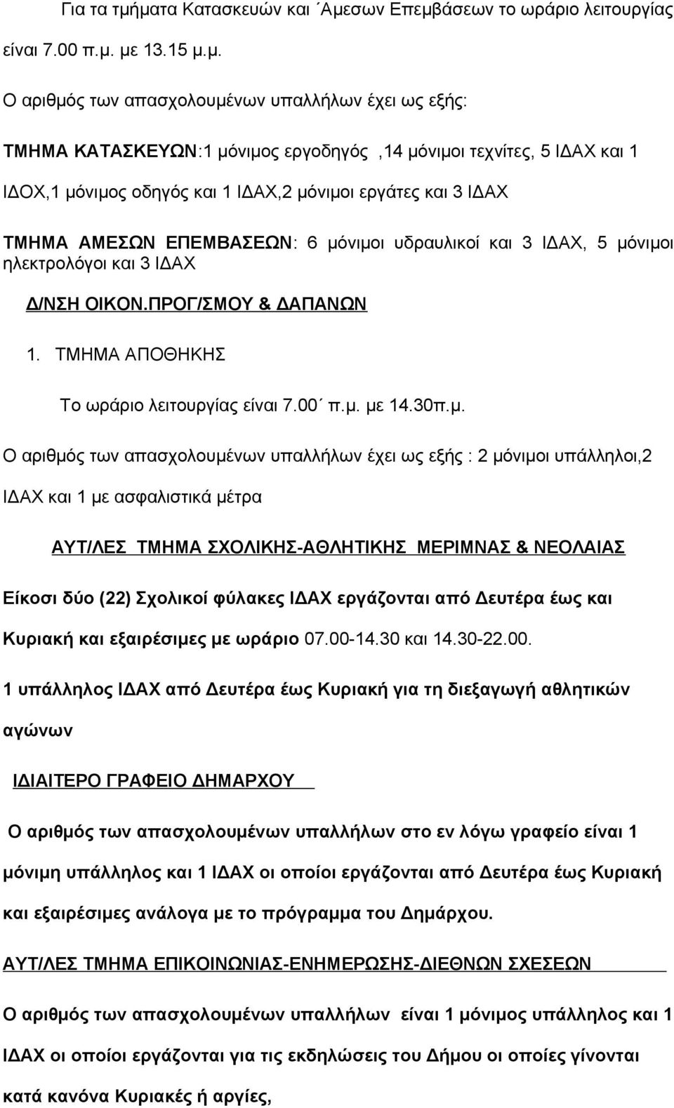 τεχνίτες, 5 ΙΔΑΧ και 1 ΙΔΟΧ,1 μόνιμος οδηγός και 1 ΙΔΑΧ,2 μόνιμοι εργάτες και 3 ΙΔΑΧ ΤΜΗΜΑ ΑΜΕΣΩΝ ΕΠΕΜΒΑΣΕΩΝ: 6 μόνιμοι υδραυλικοί και 3 ΙΔΑΧ, 5 μόνιμοι ηλεκτρολόγοι και 3 ΙΔΑΧ Δ/ΝΣΗ ΟΙΚΟΝ.