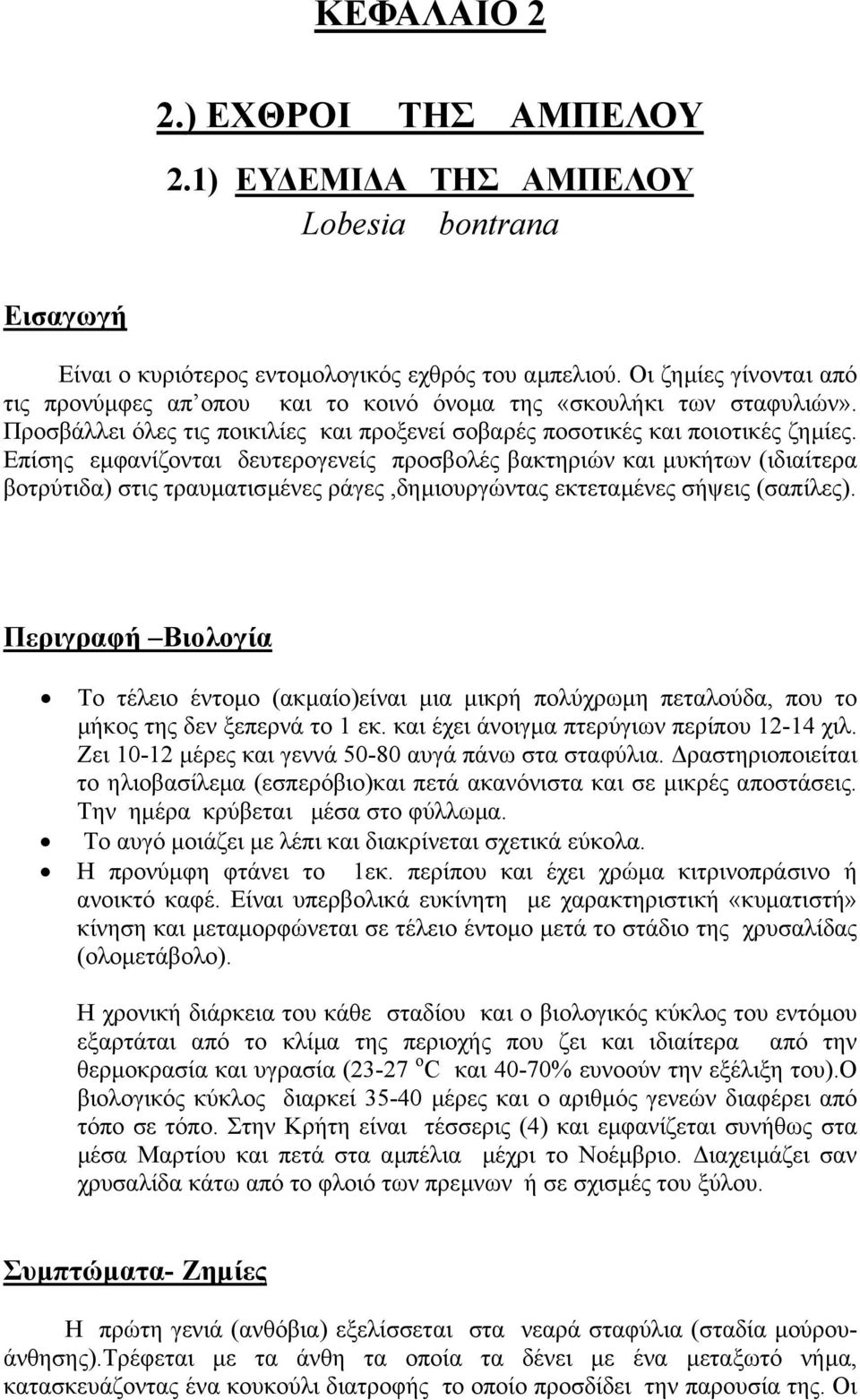 Επίσης εµφανίζονται δευτερογενείς προσβολές βακτηριών και µυκήτων (ιδιαίτερα βοτρύτιδα) στις τραυµατισµένες ράγες,δηµιουργώντας εκτεταµένες σήψεις (σαπίλες).