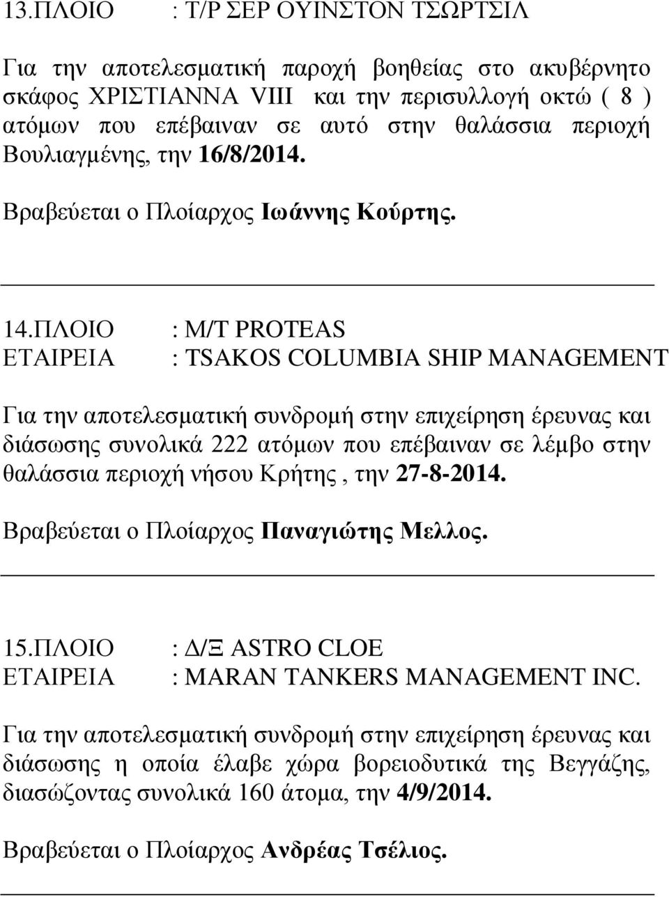 ΠΛΟΙΟ : Μ/T PROTEAS : TSAKOS COLUMBIA SHIP MANAGEMENT διάσωσης συνολικά 222 ατόμων που επέβαιναν σε λέμβο στην θαλάσσια περιοχή νήσου Κρήτης, την 27-8-2014.