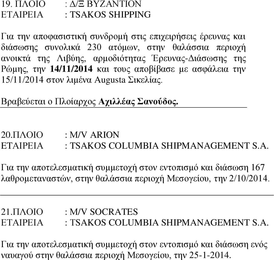 ΠΛΟΙΟ ETΑΙΡΕΙΑ : Μ/V ARION : TSAKOS COLUMBIA SHIPMANAGEMENT S.A. Για την αποτελεσματική συμμετοχή στον εντοπισμό και διάσωση 167 λαθρομεταναστών, στην θαλάσσια περιοχή Μεσογείου, την 2/10/2014.