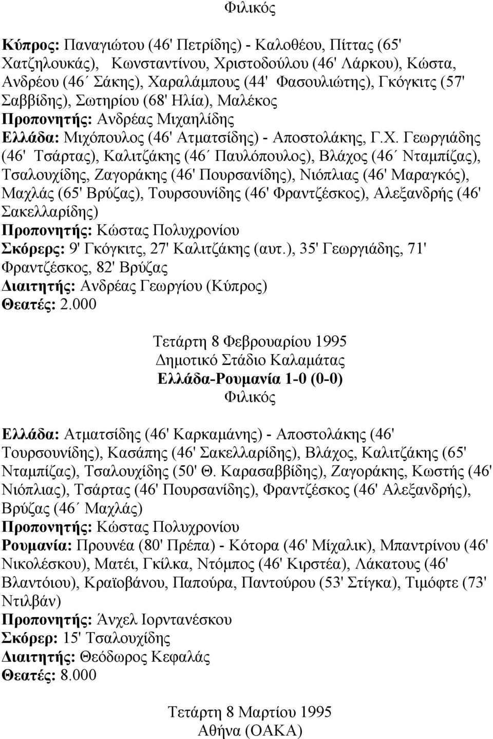Γεωργιάδης (46' Τσάρτας), Καλιτζάκης (46 Παυλόπουλος), Βλάχος (46 Νταµπίζας), Τσαλουχίδης, Ζαγοράκης (46' Πουρσανίδης), Νιόπλιας (46' Μαραγκός), Μαχλάς (65' Βρύζας), Τουρσουνίδης (46' Φραντζέσκος),