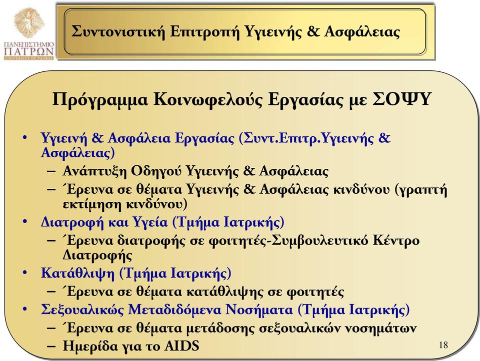 Υγιεινής & Ασφάλειας) Ανάπτυξη Οδηγού Υγιεινής & Ασφάλειας Έρευνα σε θέματα Υγιεινής & Ασφάλειας κινδύνου (γραπτή εκτίμηση κινδύνου)