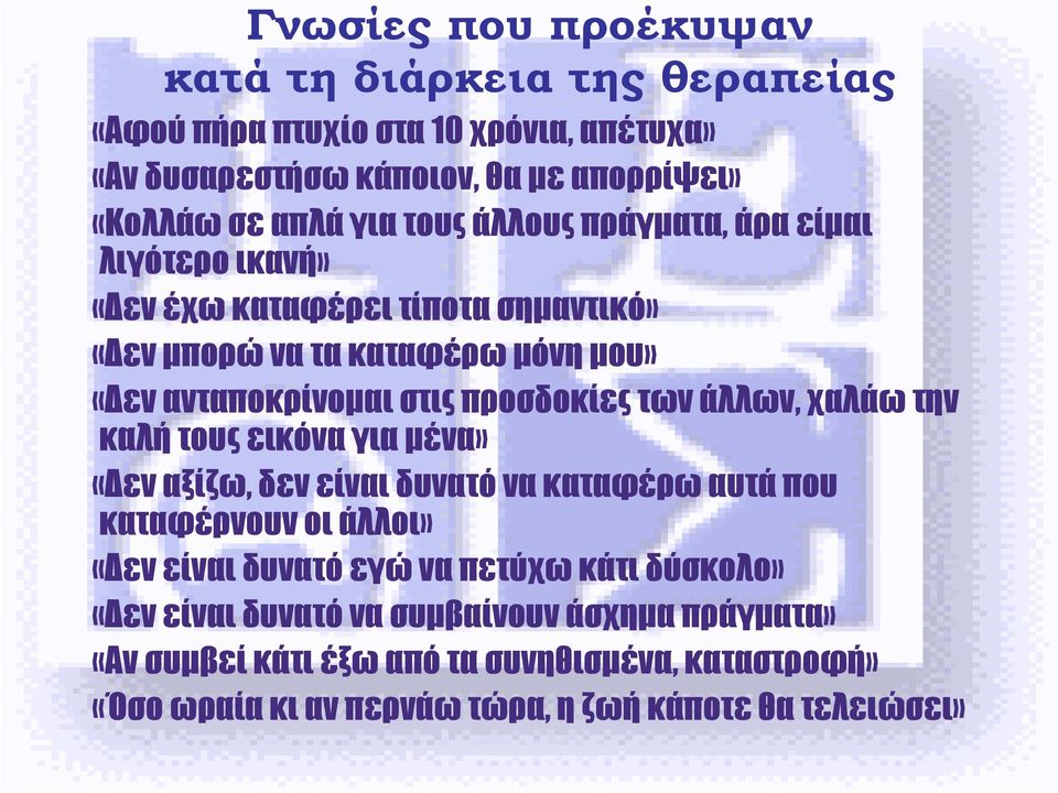 άλλων, χαλάω την καλή τους εικόνα για µένα» «εν αξίζω, δεν είναι δυνατό να καταφέρω αυτά που καταφέρνουν οι άλλοι» «εν είναι δυνατό εγώ να πετύχω κάτι