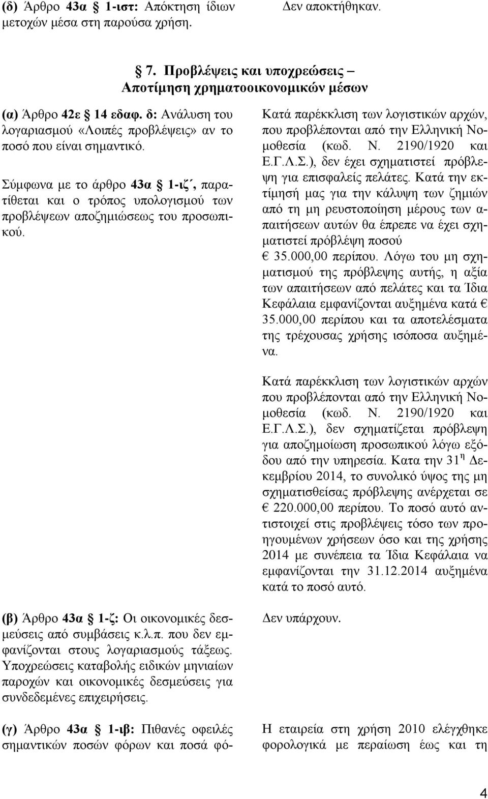 Κατά παρέκκλιση των λογιστικών αρχών, που προβλέπονται από την Ελληνική Νομοθεσία (κωδ. Ν. 2190/1920 και Ε.Γ.Λ.Σ.), δεν έχει σχηματιστεί πρόβλεψη για επισφαλείς πελάτες.