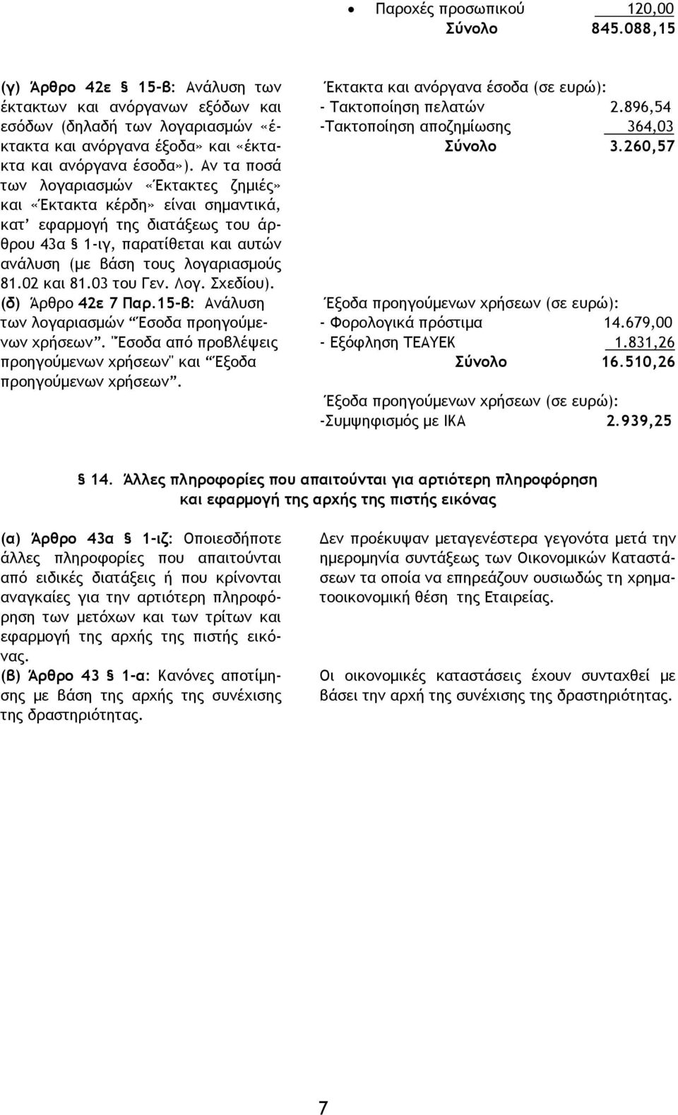 Αν τα ποσά των λογαριασμών «Έκτακτες ζημιές» και «Έκτακτα κέρδη» είναι σημαντικά, κατ εφαρμογή της διατάξεως του άρθρου 43α 1-ιγ, παρατίθεται και αυτών ανάλυση (με βάση τους λογαριασμούς 81.02 και 81.