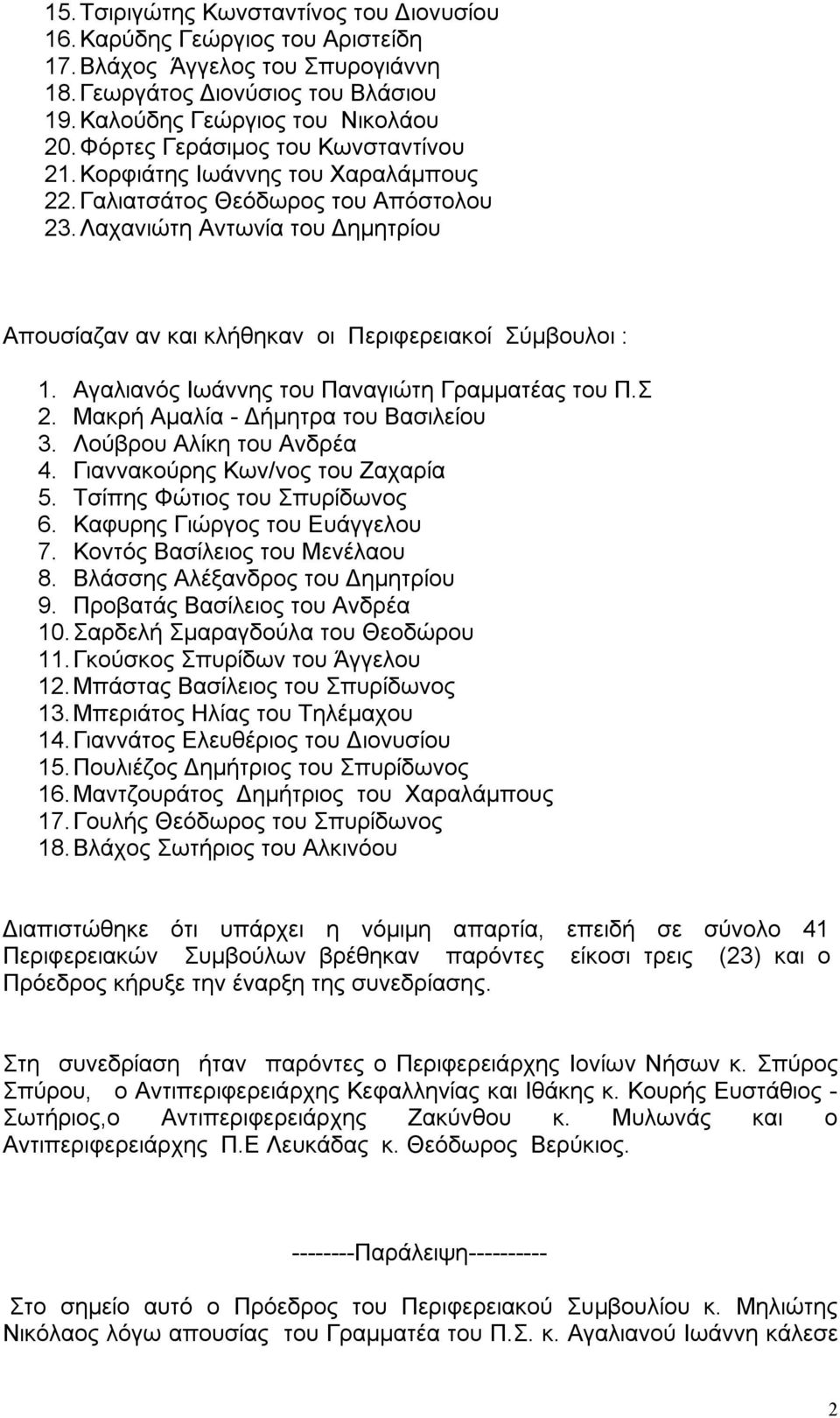 Λαχανιώτη Αντωνία του Δημητρίου Απουσίαζαν αν και κλήθηκαν οι Περιφερειακοί Σύμβουλοι : 1. Αγαλιανός Ιωάννης του Παναγιώτη Γραμματέας του Π.Σ 2. Μακρή Αμαλία - Δήμητρα του Βασιλείου 3.